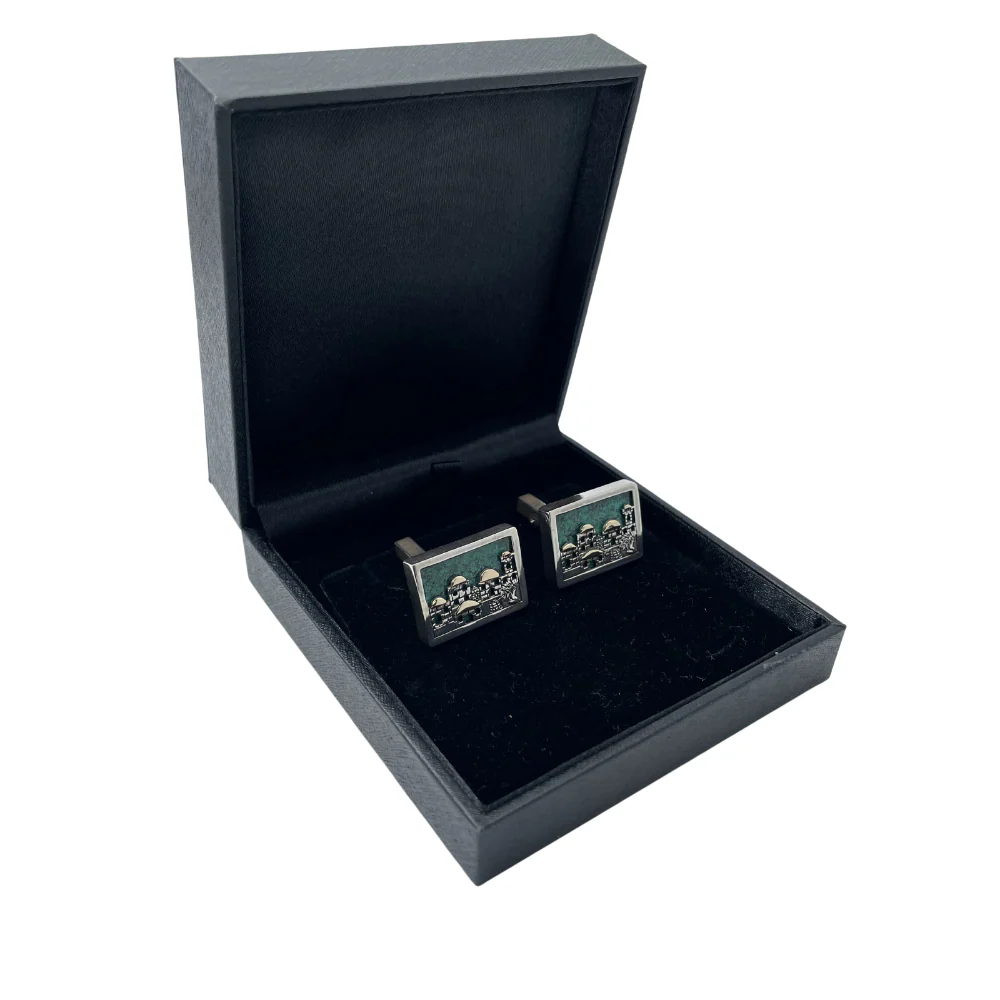 Jerusalem Skyline Cufflinks in Sterling Silver & Gold with Eilat Stone - Image 3