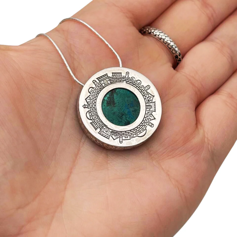 Eilat stone jewellery | Round Textured Silver Necklace - Jerusalem Skyline - Image 3