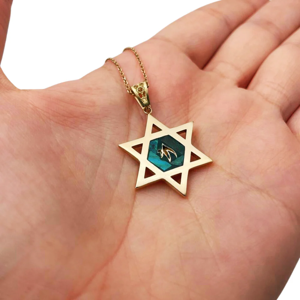 Star of David and Stylized Chai Pendant in 14K Gold with Eilat Stone - Image 3