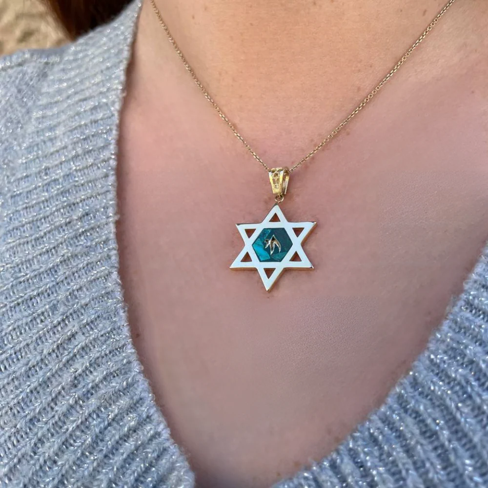 Star of David and Stylized Chai Pendant in 14K Gold with Eilat Stone - Image 4