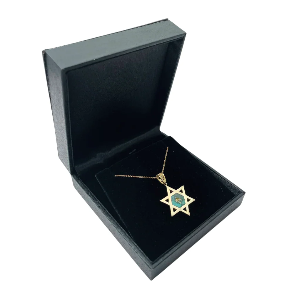 Star of David and Stylized Chai Pendant in 14K Gold with Eilat Stone - Image 6