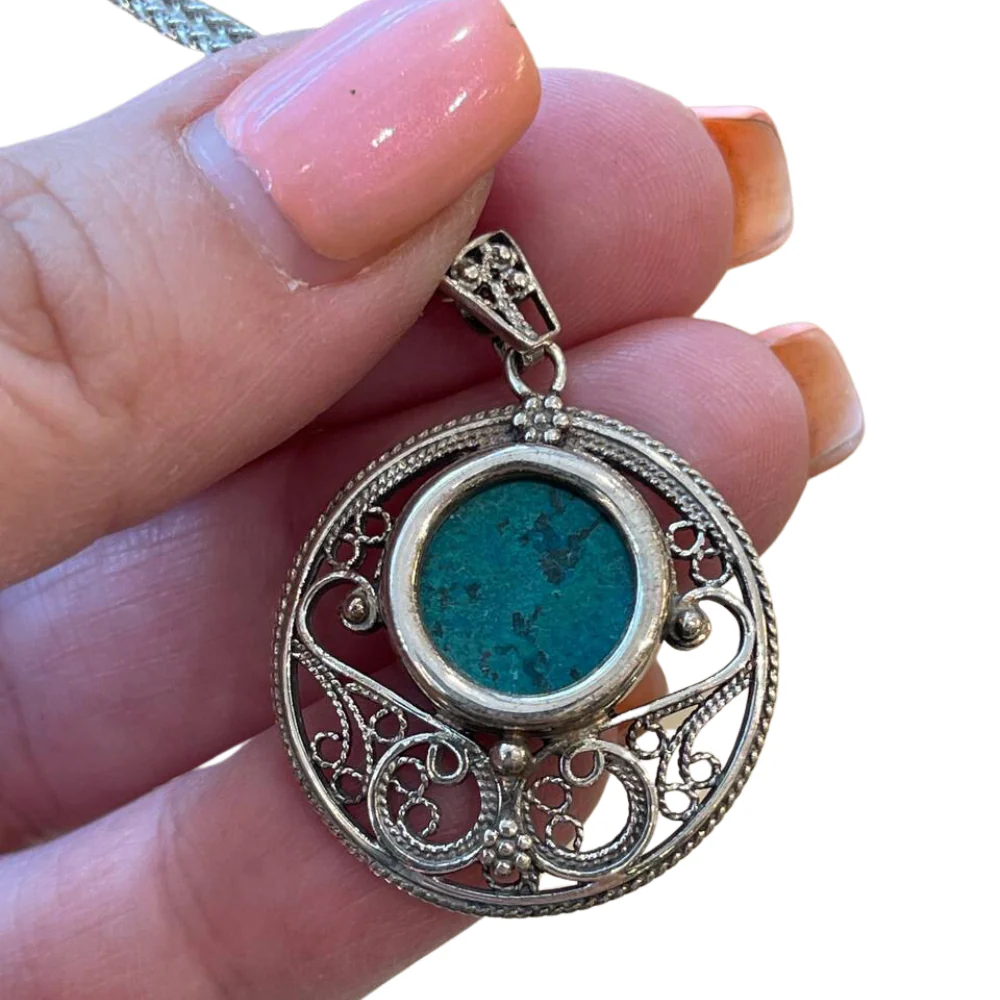 Eilat stone jewellery - Round Yemenite Style Eilat Stone Silver Necklace - Image 2