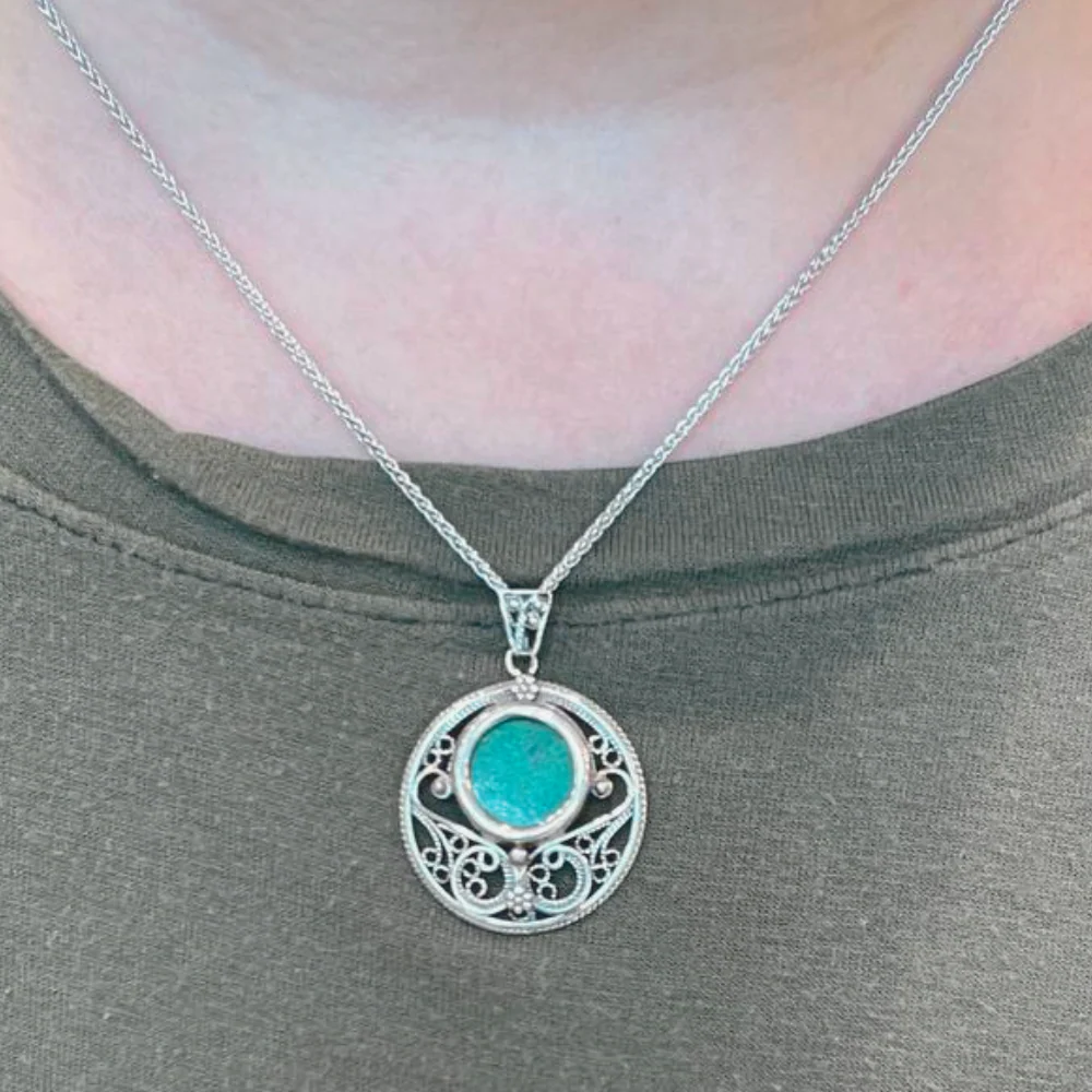 Eilat stone jewellery - Round Yemenite Style Eilat Stone Silver Necklace - Image 5
