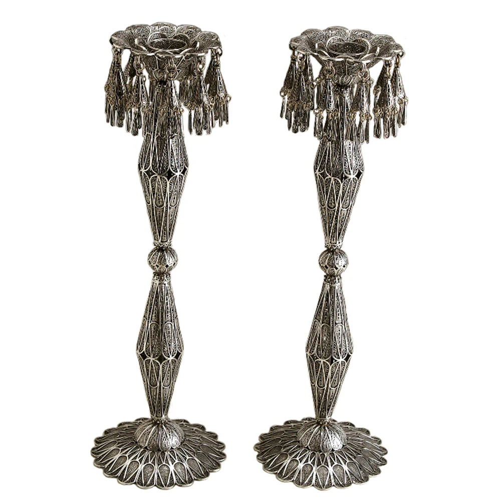 Geometric Silver Filigree Candlesticks