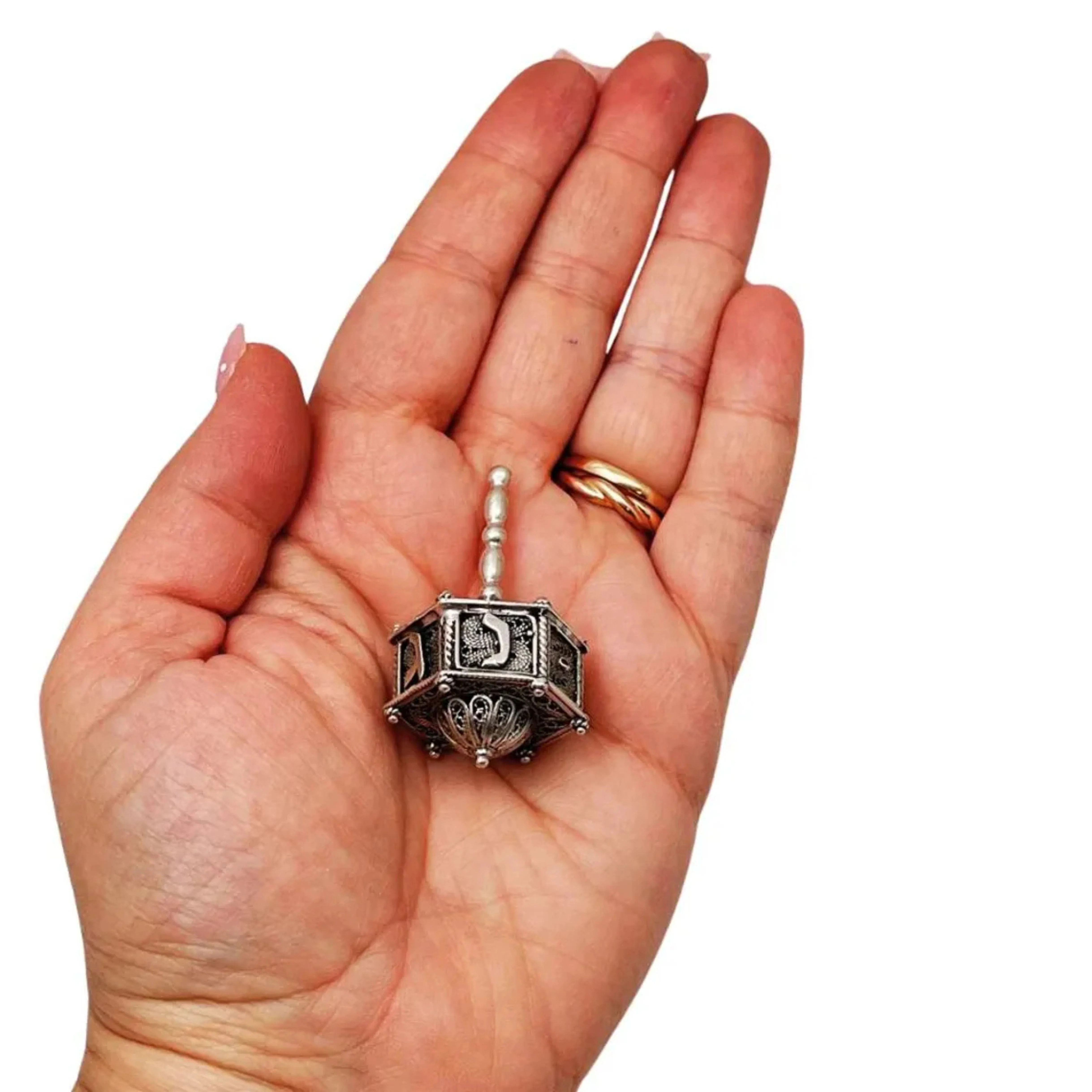 Sterling Silver Hexagon Dreidel with Filigree Art - Image 6
