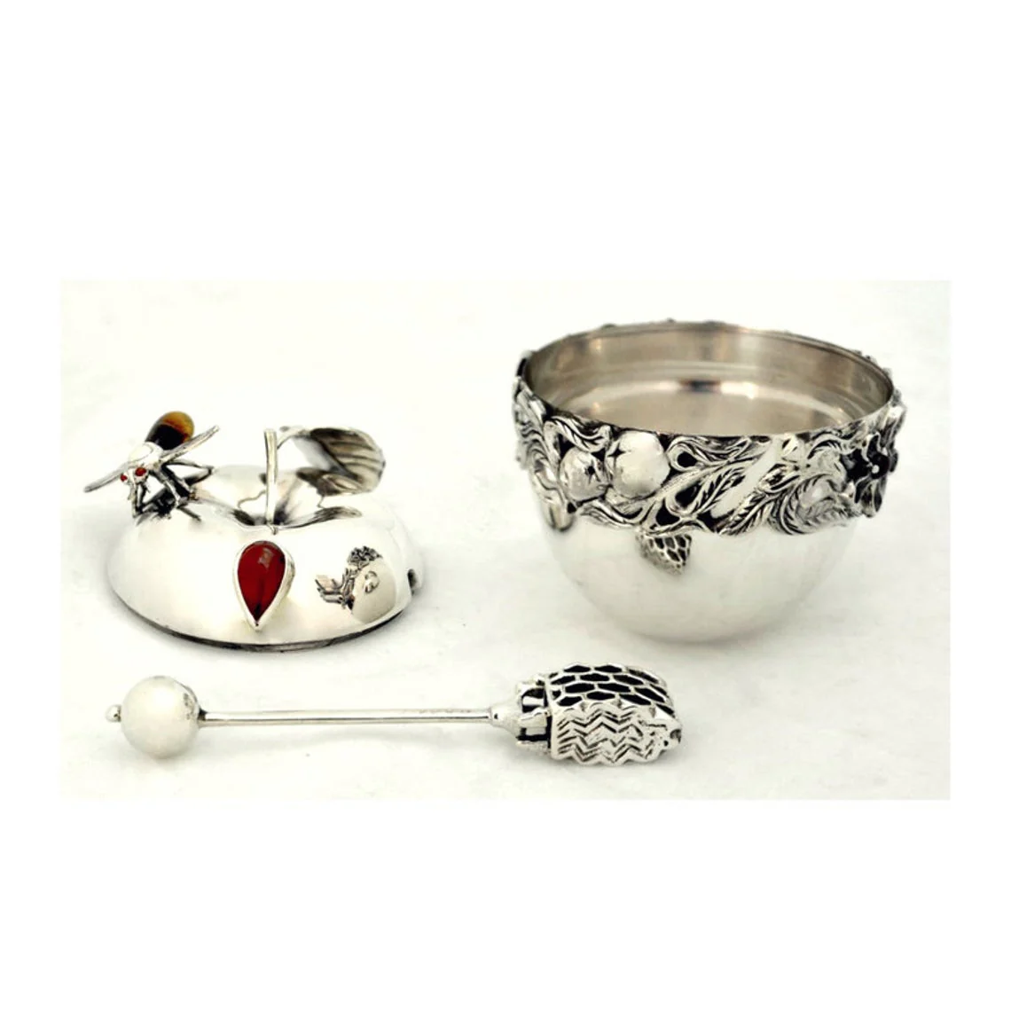 Sterling Silver Apple Honey Dish and Plate Set - Image 4
