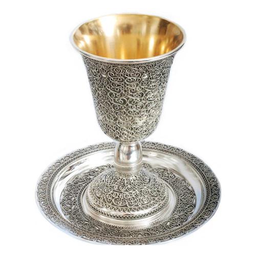 Silver Yemenite Kiddush Cup and Plate Set