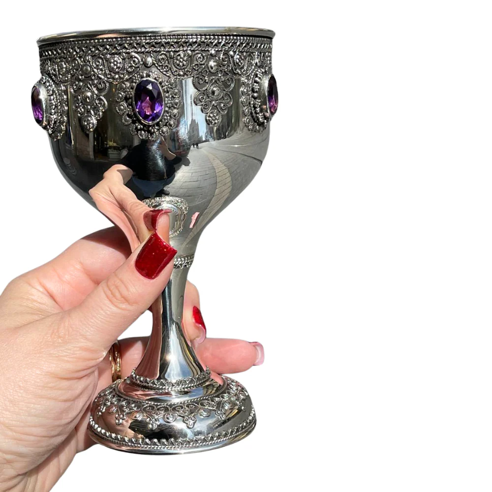 Amethyst Kiddush Cup Set in Sterling Silver with Filigree Yemenite Art - Image 4