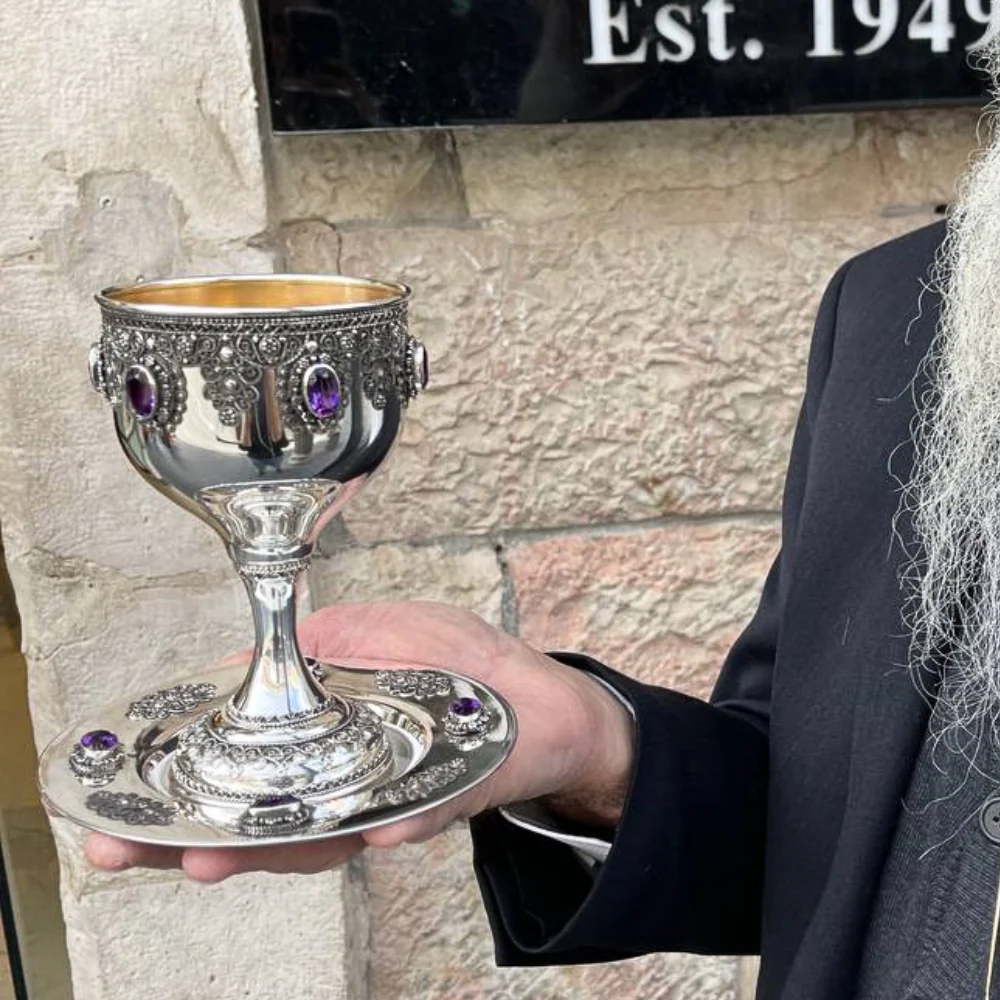 Amethyst Kiddush Cup Set in Sterling Silver with Filigree Yemenite Art - Image 5
