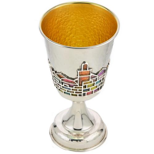 Kiddush Cup - Enamel Rainbow Jerusalem Hammered Silver Stem - Image 3