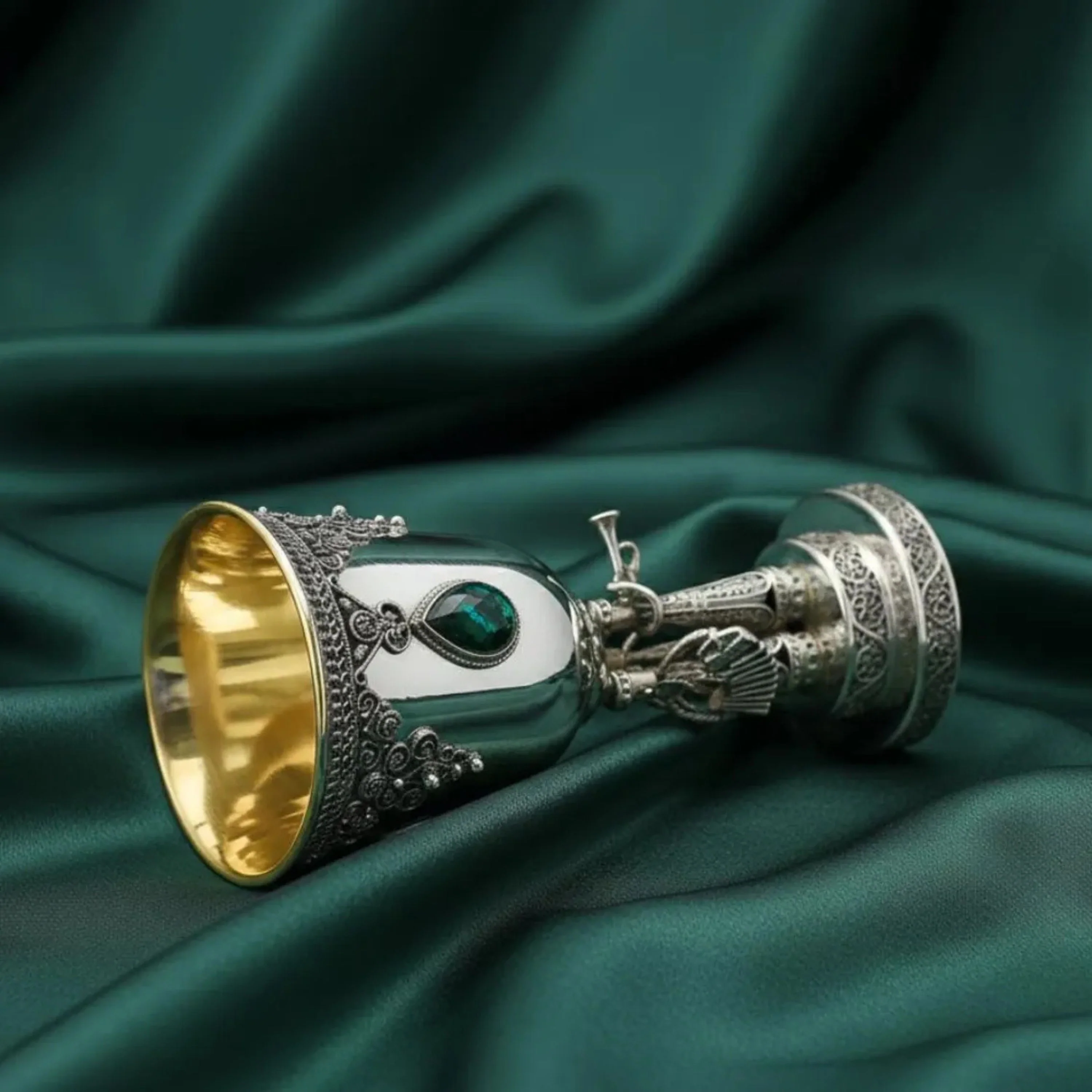 Round Kiddush Cup with Hasidic Musicians - Eilat Stones and Sterling Silver - Image 3