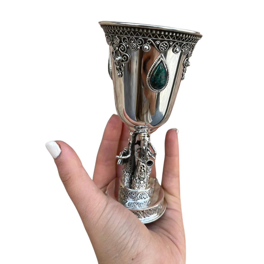 Round Kiddush Cup with Hasidic Musicians - Eilat Stones and Sterling Silver - Image 5