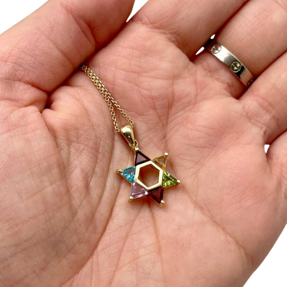 Colorful Gemstones Star of David Pendant in 14K Gold - 18 mm - Image 3