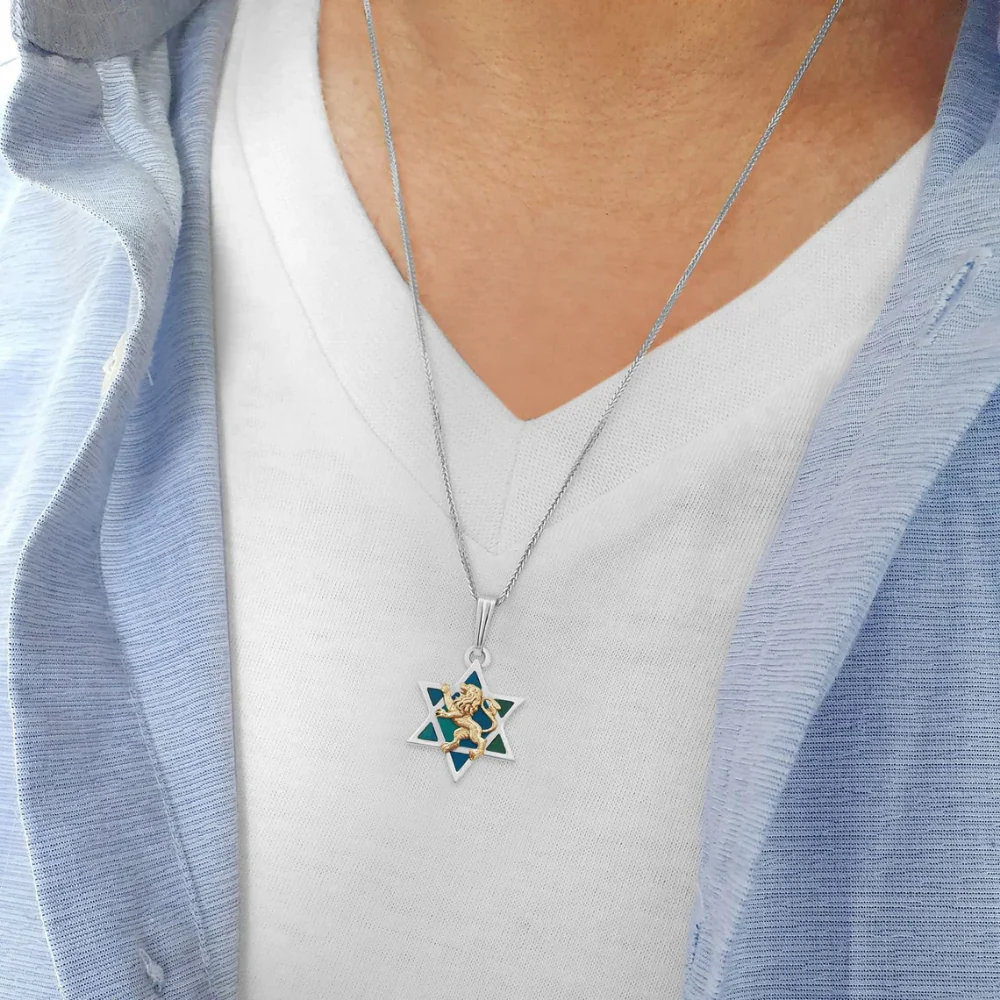 Star of David Eilat Stone & Lion of Judah Necklace in Silver and Gold - Image 3