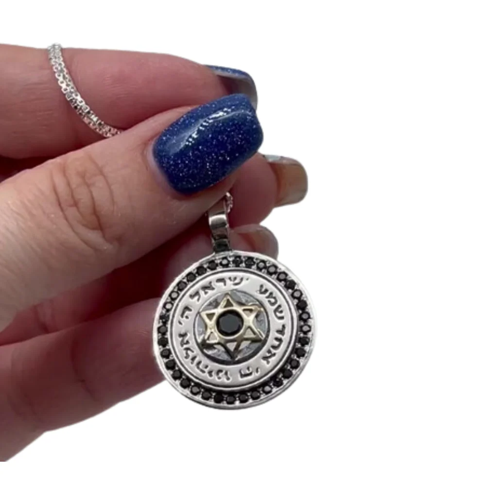 Star of David and Shema Israel Silver and Gold Onyx Necklace - Image 8