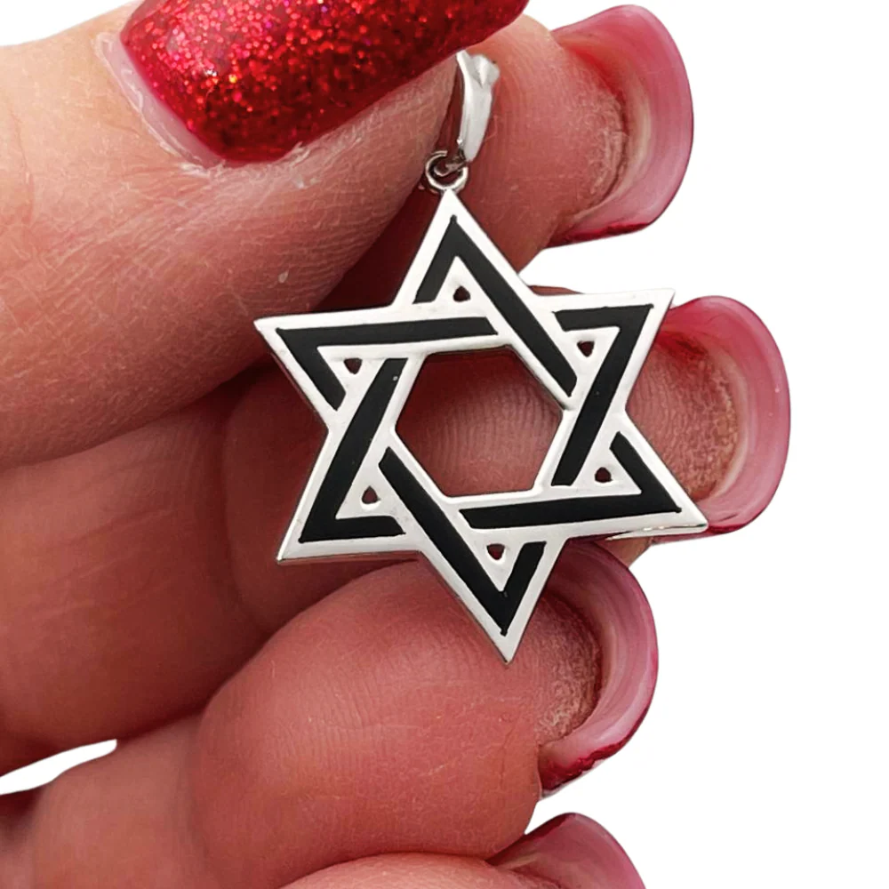 Star of David Pendant in 14K White Gold with Black Enamel - Image 2