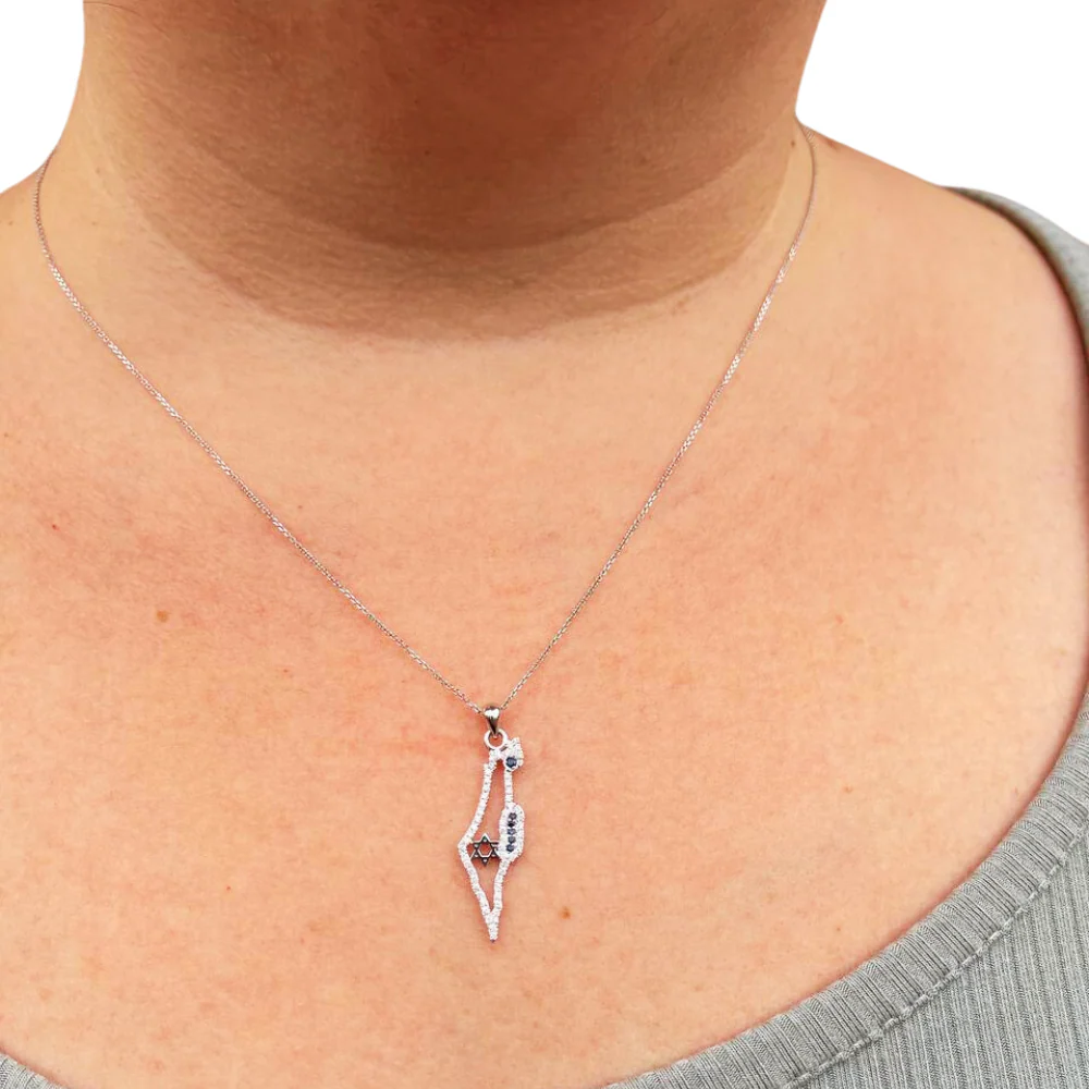 Israel Map with Star of David Outline Pendant in 14K Gold with Diamonds and Sapphires - Image 3