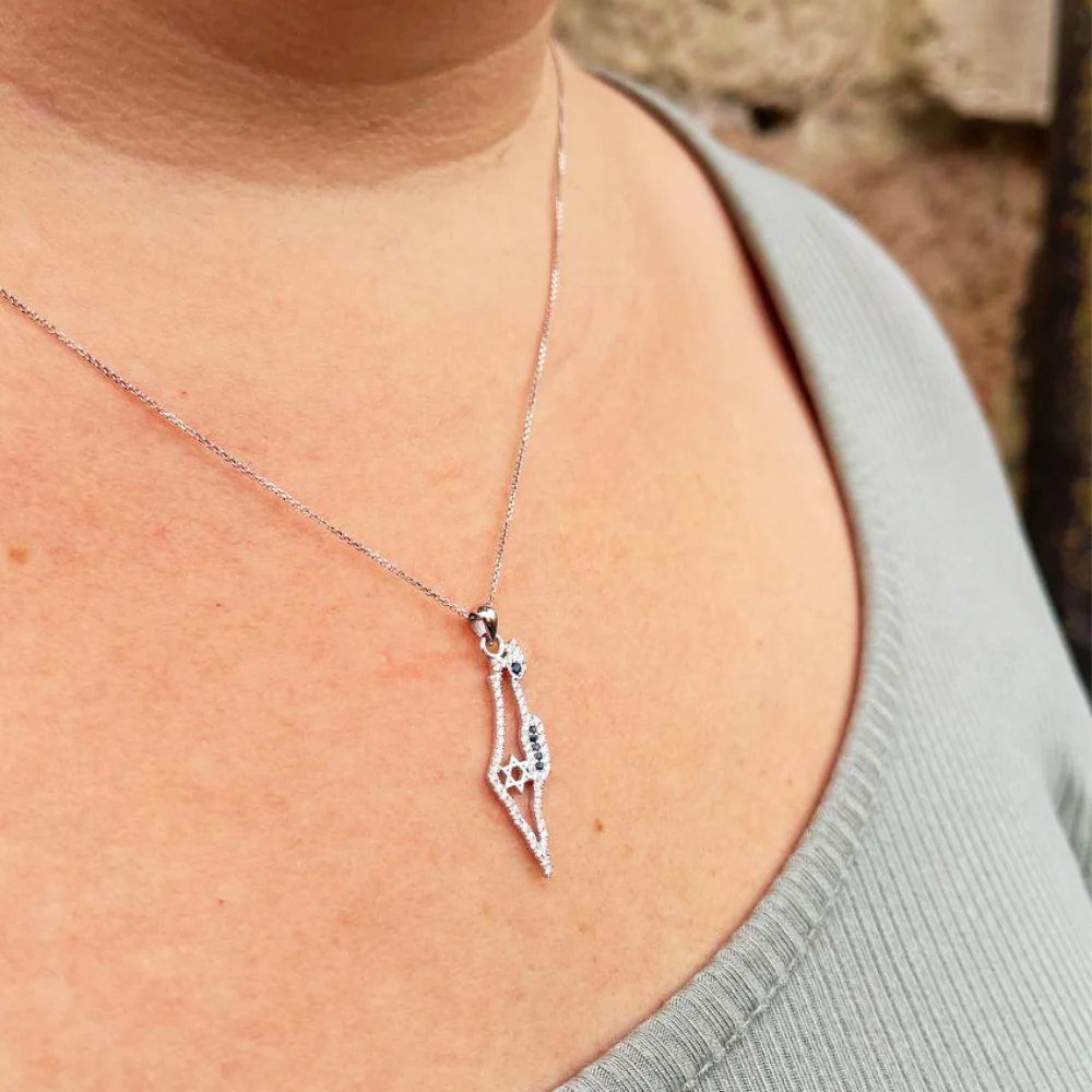 Israel Map with Star of David Outline Pendant in 14K Gold with Diamonds and Sapphires - Image 4