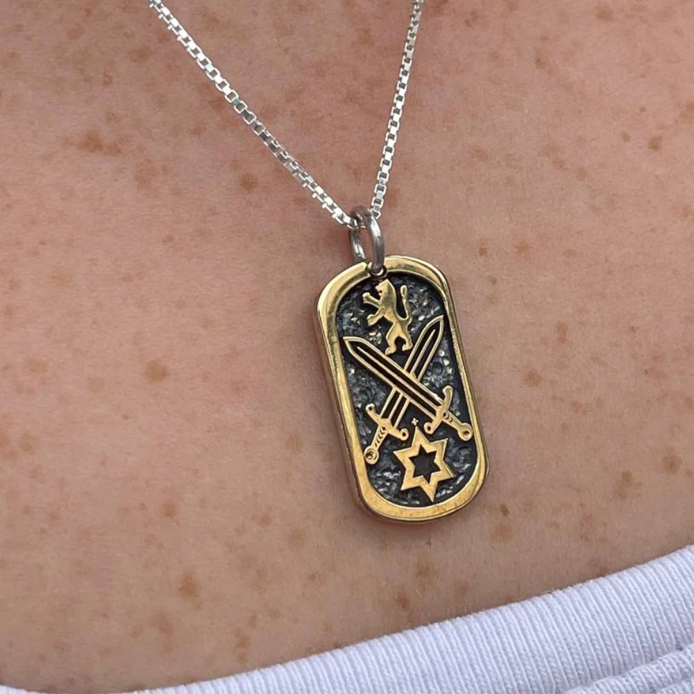 War of Iron Swords Tag Pendant with Star of David & Lion of Judah in 9K Gold and Sterling Silver - Image 5
