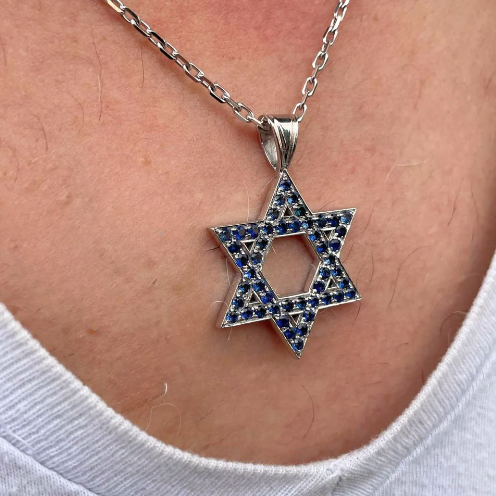 Star of David Pendant with Sapphires in 14K Gold - Large - Image 5