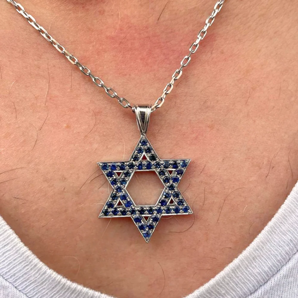 Star of David Pendant with Sapphires in 14K Gold - Large - Image 6