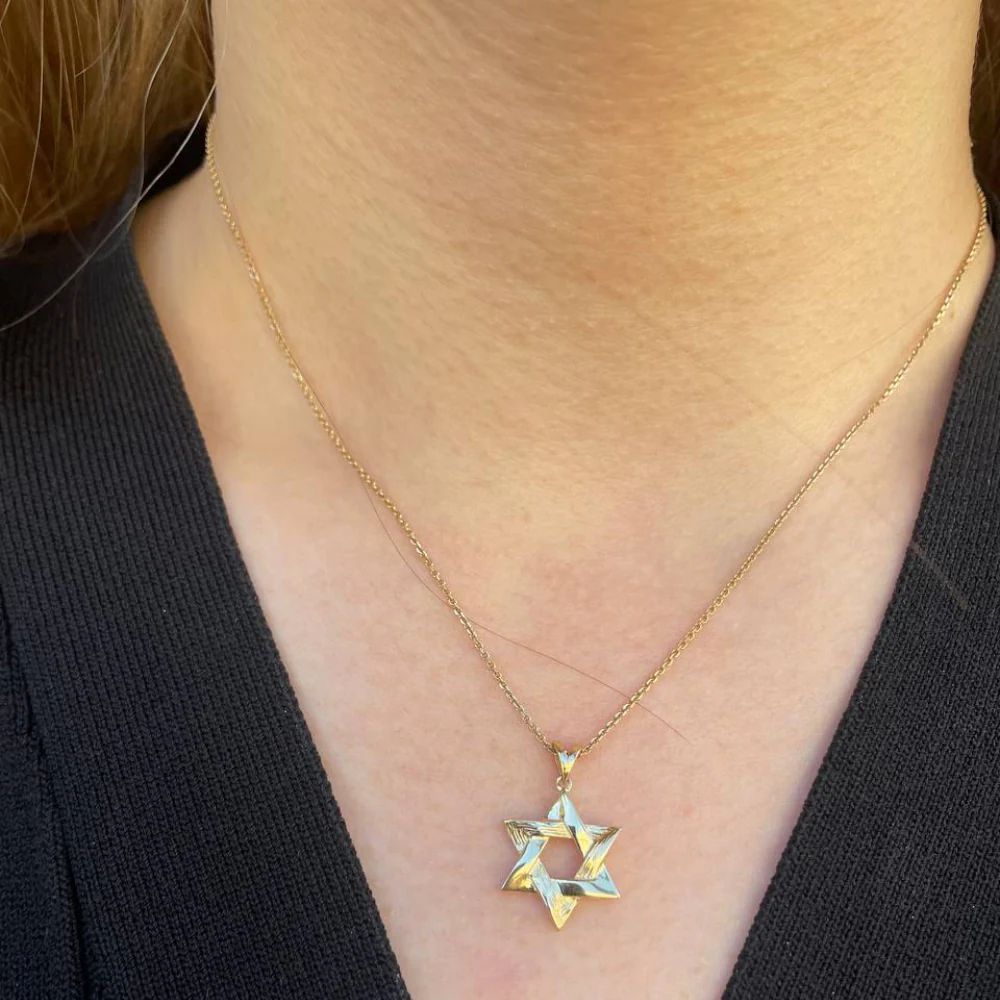 Modern Star of David Pendant in 14K Gold Semi Textured Interwoven Style - Image 3