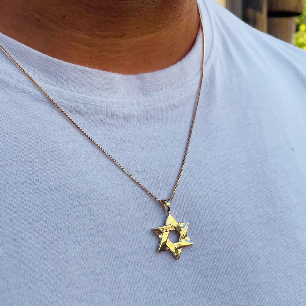 Modern Star of David Pendant in 14K Gold Semi Textured Interwoven Style - Image 5