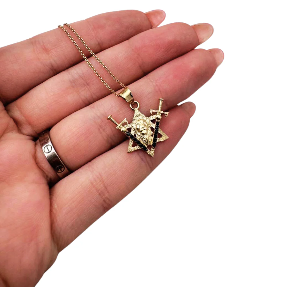 Two Swords Lion of Judah and Star of David Pendant in 14K Gold with Black Diamonds - Image 2