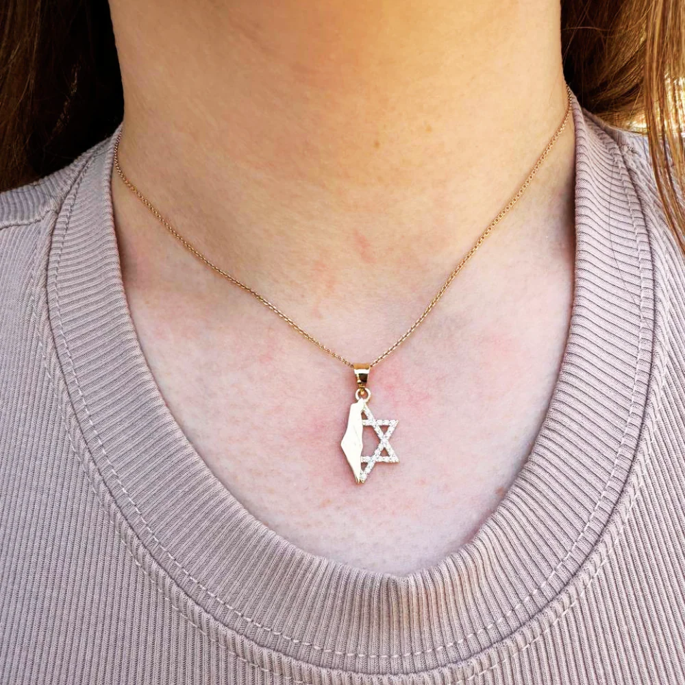Israel Map with Star of David in 14K Gold Pendant with CZ - Image 5