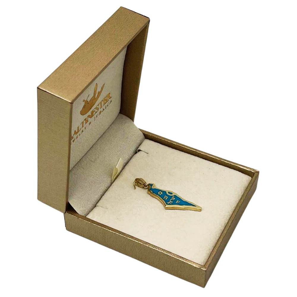 Map of Israel with Am Israel Chai and Star of David - 14K Gold Pendant with Blue Enamel - Image 6