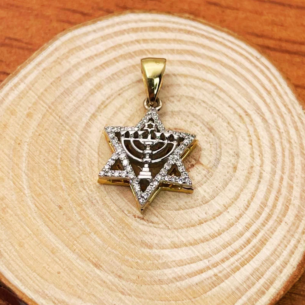 Diamond Star of David Menorah Pendant in 14K Two Tone Gold - Image 4