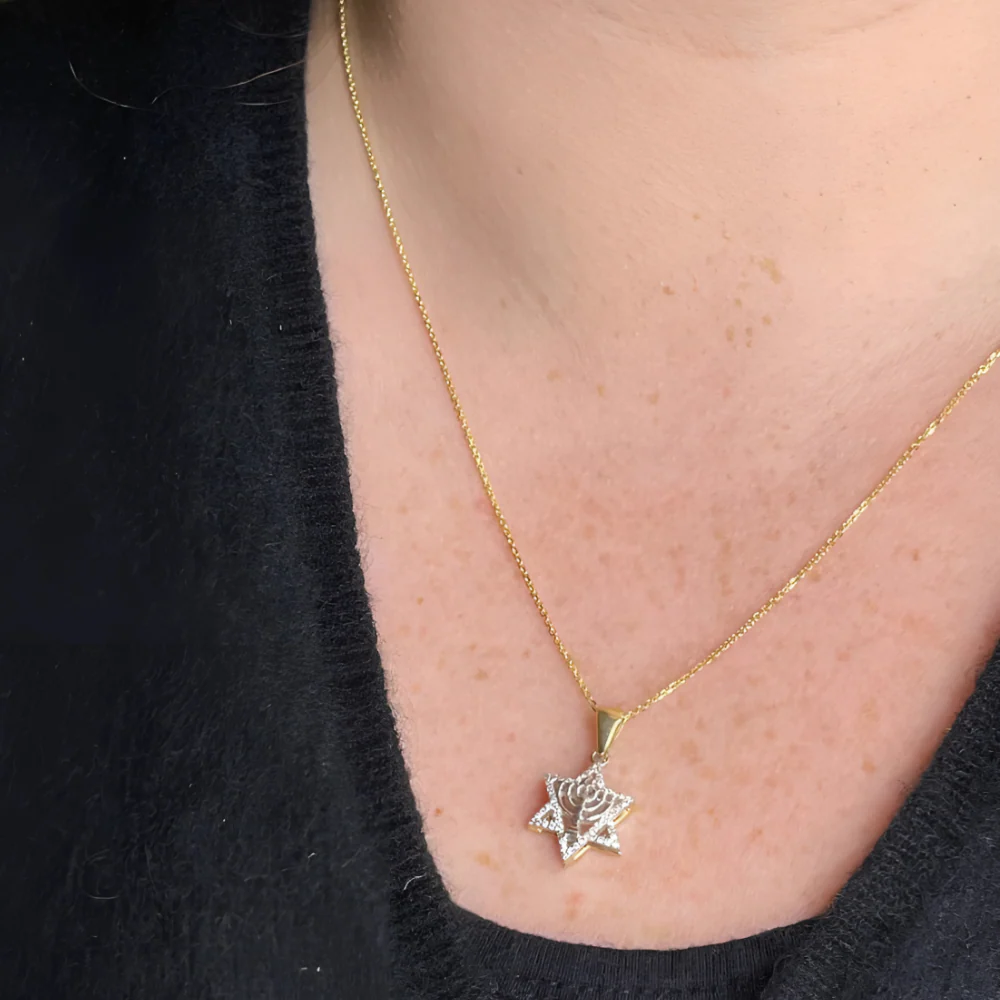 Diamond Star of David Menorah Pendant in 14K Two Tone Gold - Image 7