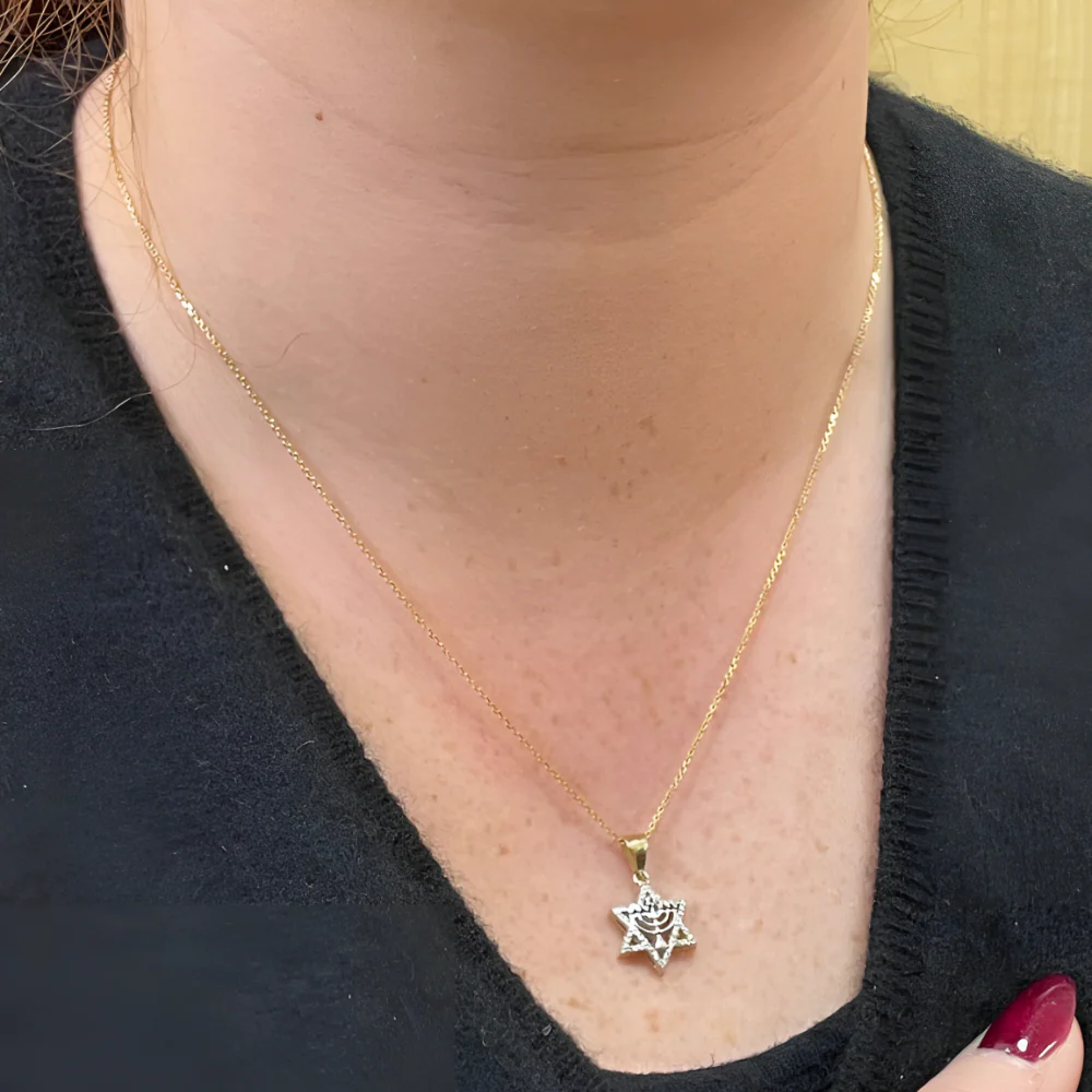Diamond Star of David Menorah Pendant in 14K Two Tone Gold - Image 8