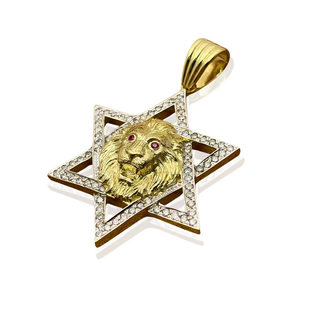 Star of David with Lion of Judah Pendant For Men in 14K Gold with Diamonds & Rubies