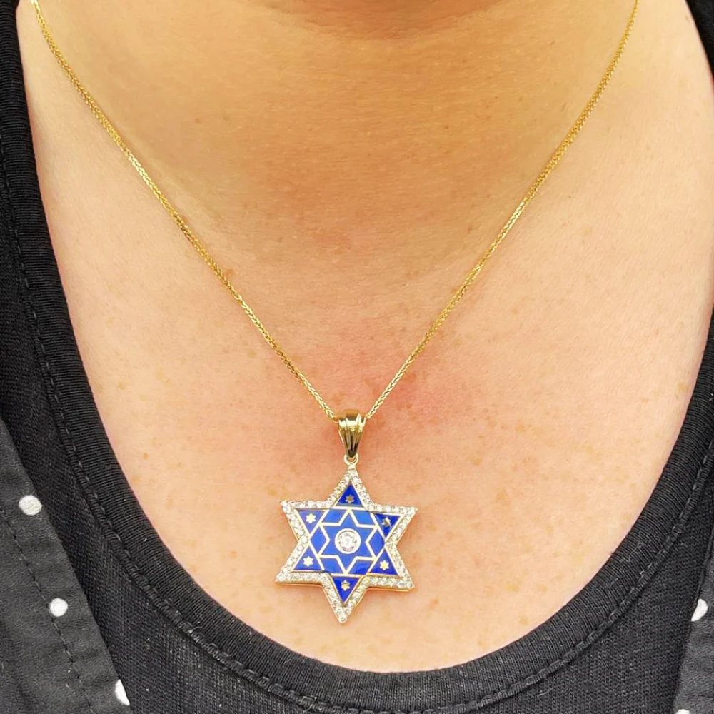 Diamond Star of David Pendant in 14K Gold with Blue Enamel - 1.2" Size - Image 8