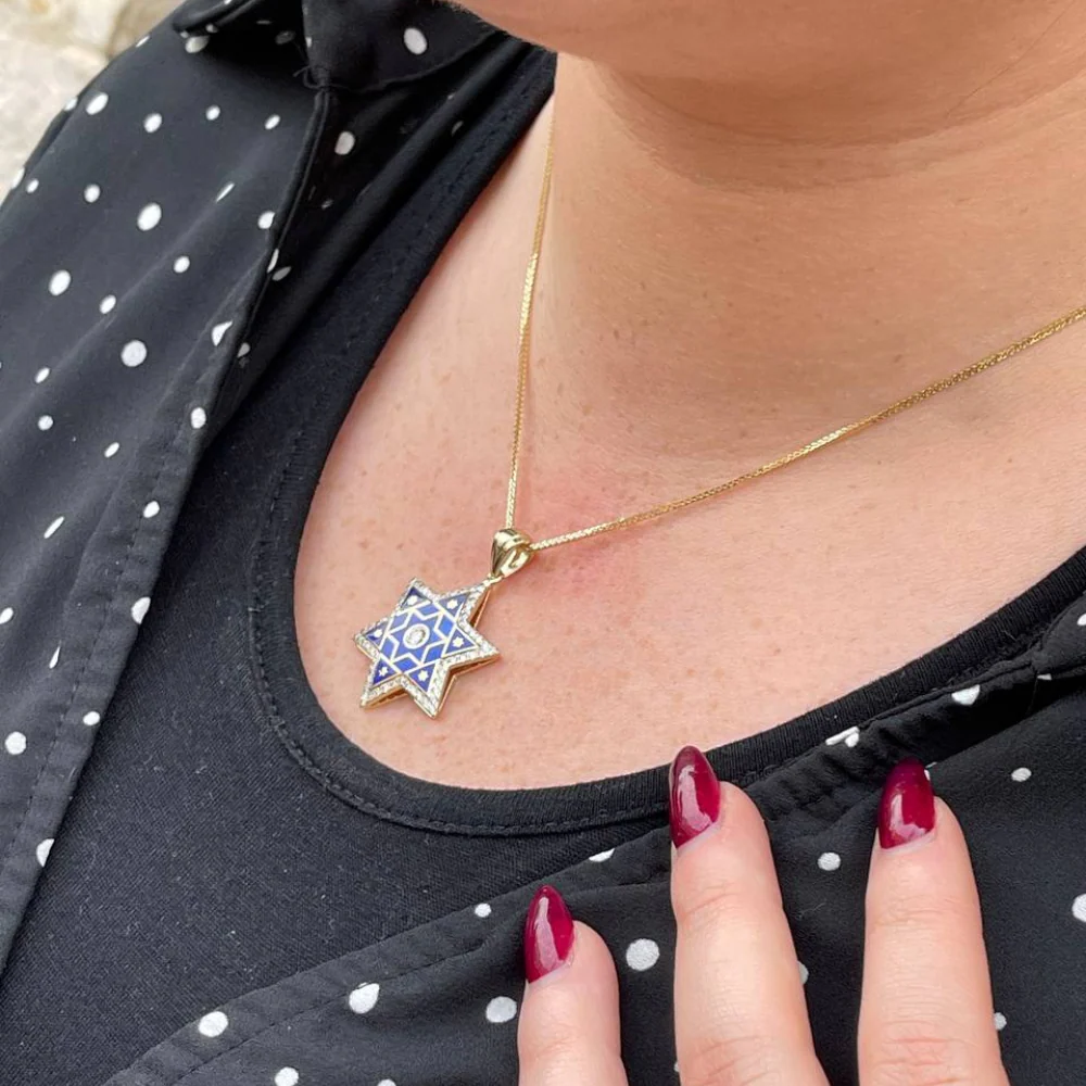 Diamond Star of David Pendant in 14K Gold with Blue Enamel - 1.2" Size - Image 9