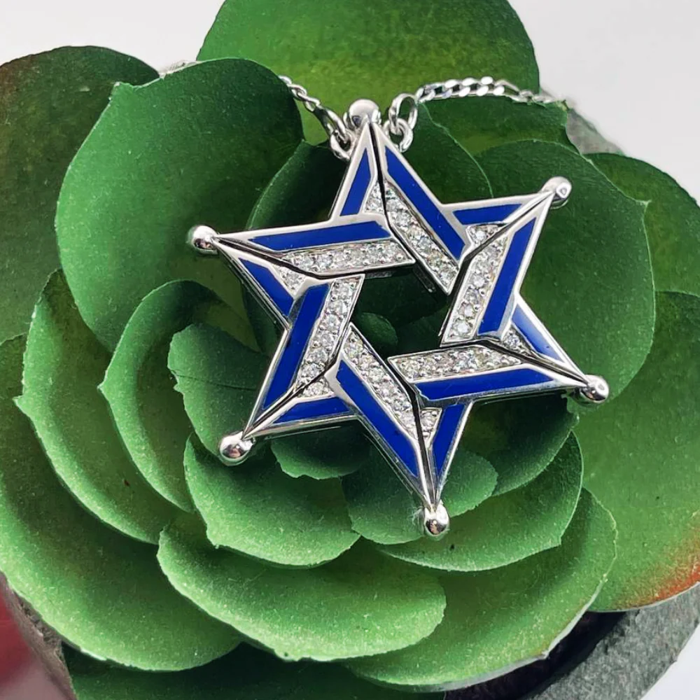 Expandable Star of David Butterfly Necklace in 14k Gold, Diamonds and Blue Enamel - Image 9