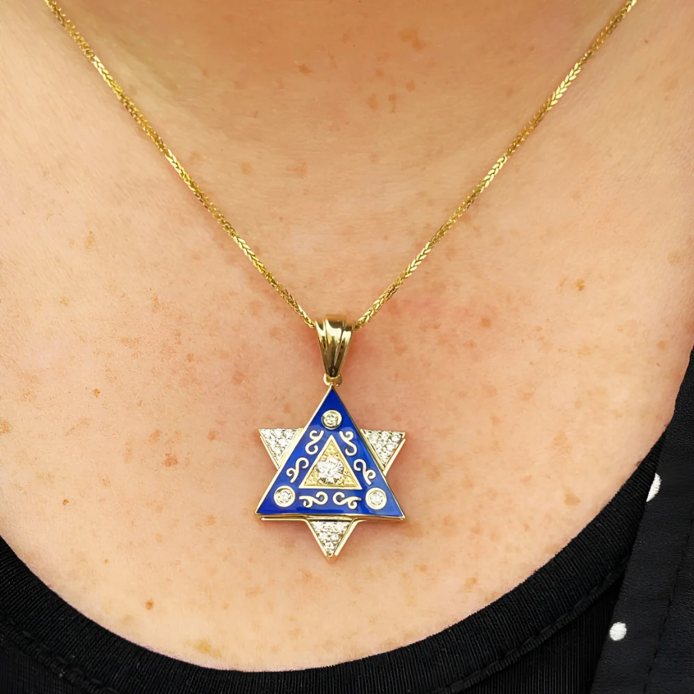 Diamond Star of David Pendant in 14K Gold with Blue Enamel and Designing - 1" Size - Image 6