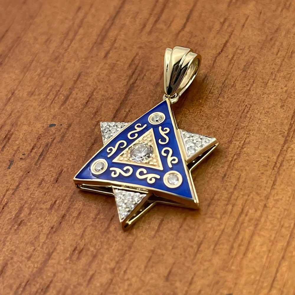 Diamond Star of David Pendant in 14K Gold with Blue Enamel and Designing - 1" Size - Image 9