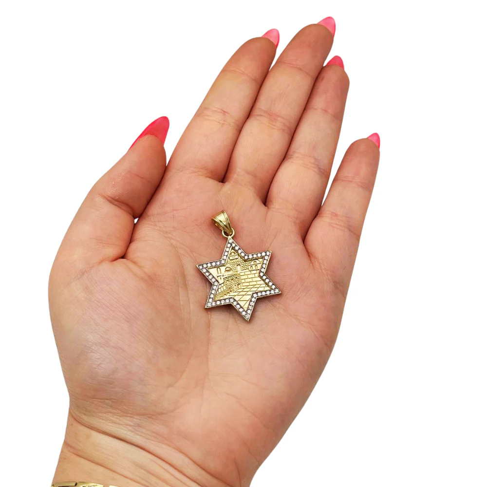 Star of David with Jerusalem Pendant in 14K Gold with Diamond Border - Image 3