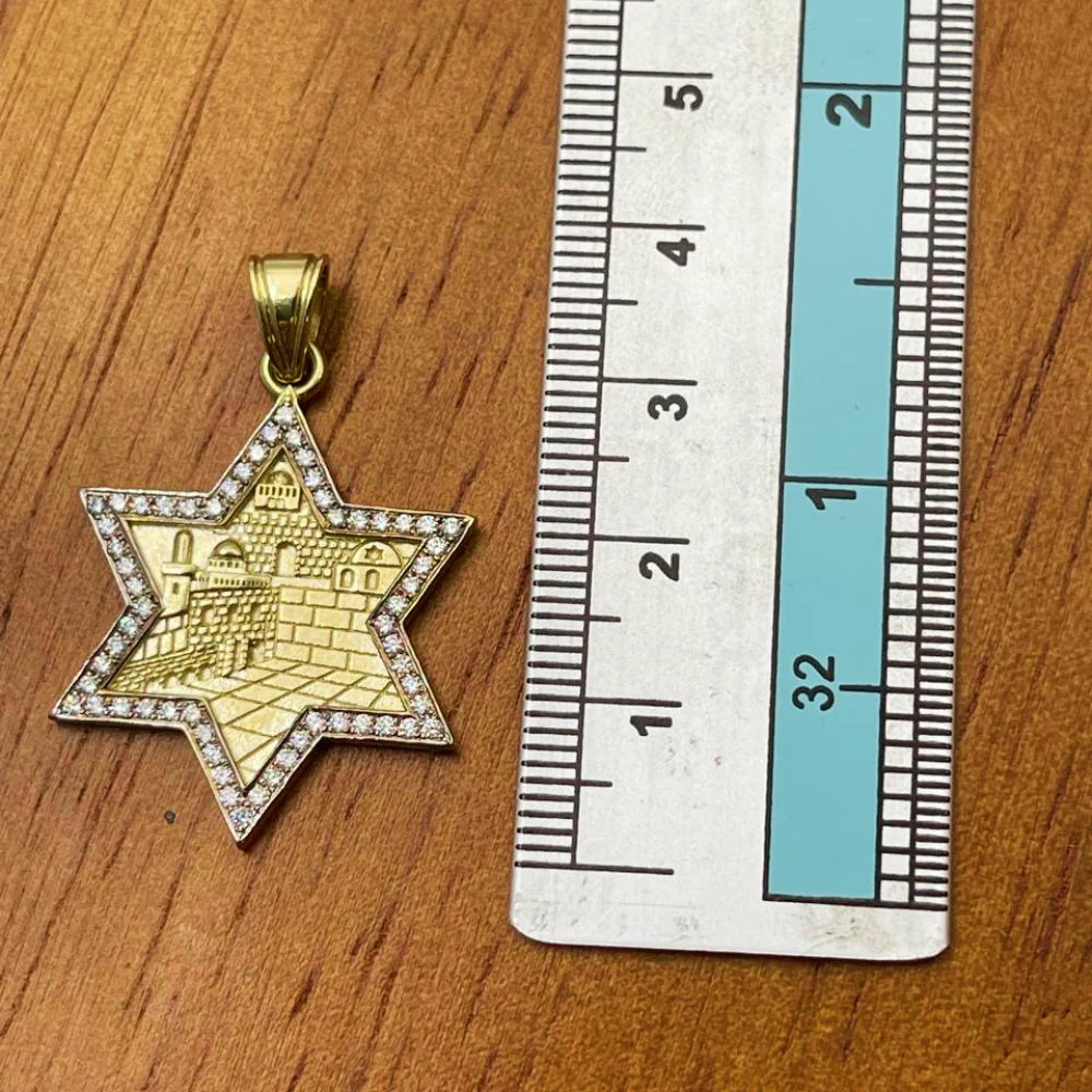 Star of David with Jerusalem Pendant in 14K Gold with Diamond Border - Image 8