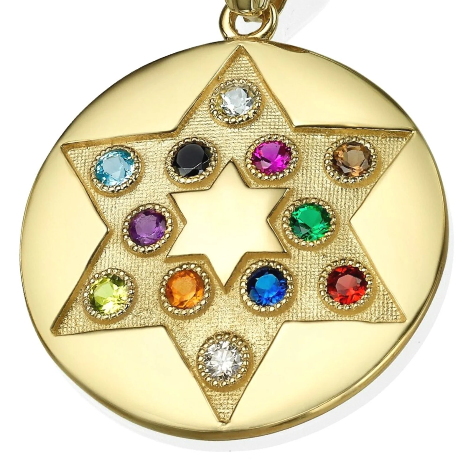 Pendant with Star of David - 14K Yellow Gold Circular Disc and Hoshen Gemstones - Image 2