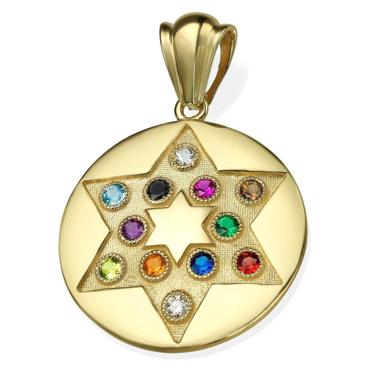 Pendant with Star of David - 14K Yellow Gold Circular Disc and Hoshen Gemstones - Image 3