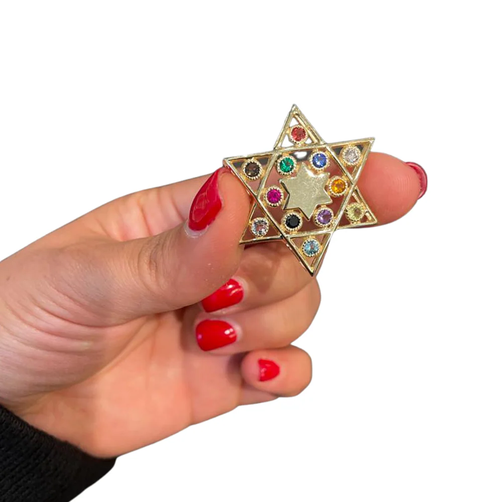 Star of David Pendant - 14K Yellow Gold Cut-out - with Hoshen Gemstones - Image 2