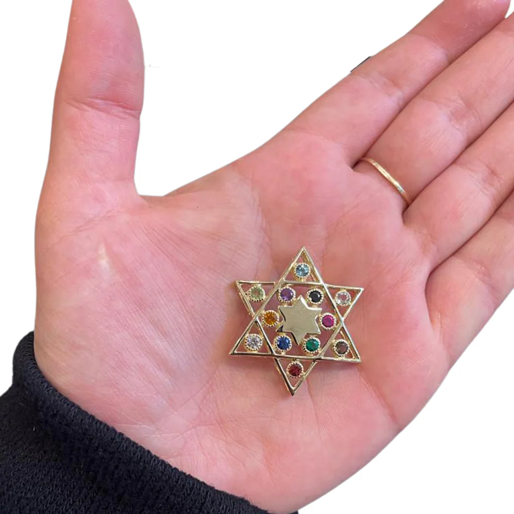 Star of David Pendant - 14K Yellow Gold Cut-out - with Hoshen Gemstones - Image 3