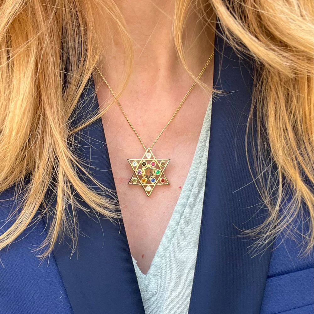 Star of David Pendant - 14K Yellow Gold Cut-out - with Hoshen Gemstones - Image 5