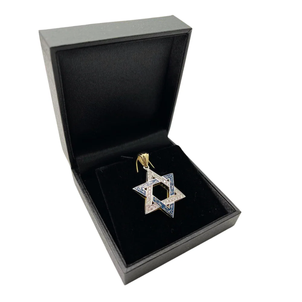 Star of David Pendant - 14K Yellow & White Gold with Blue Enamel Diamond-Studded - Image 3