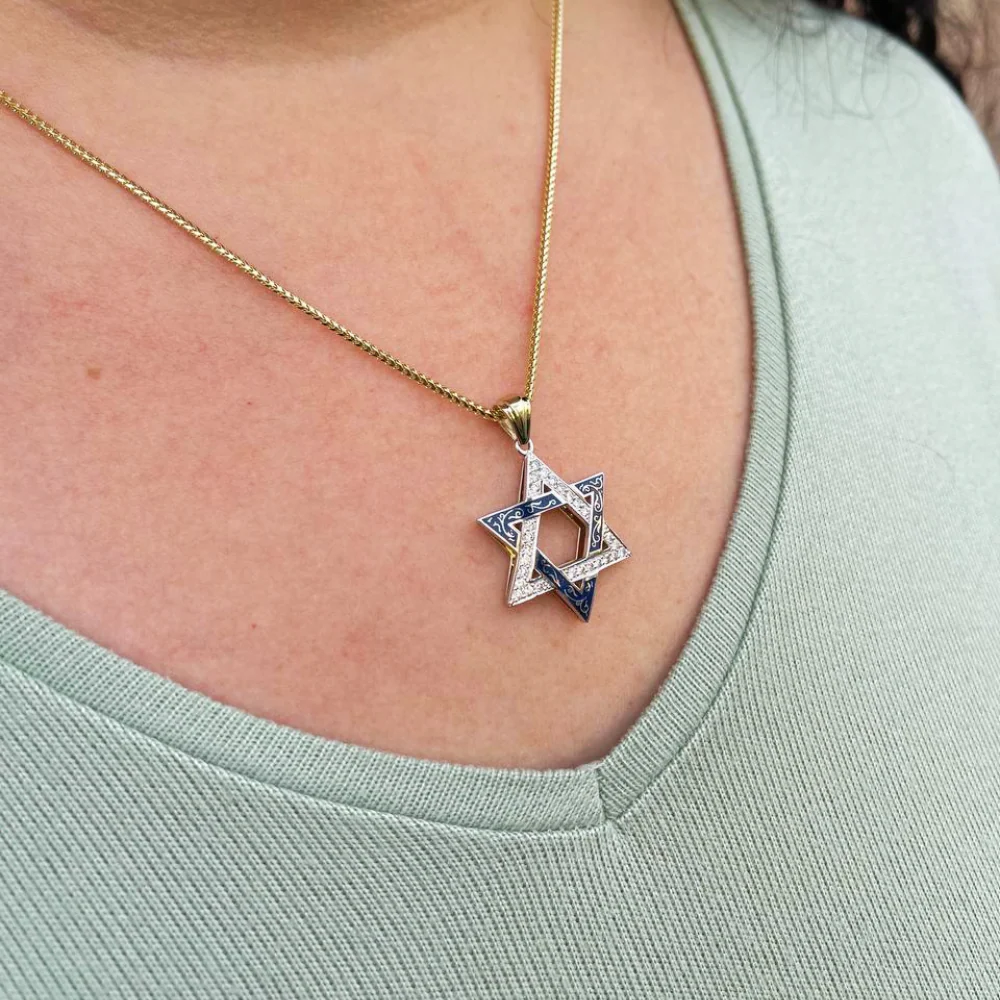 Star of David Pendant - 14K Yellow & White Gold with Blue Enamel Diamond-Studded - Image 5