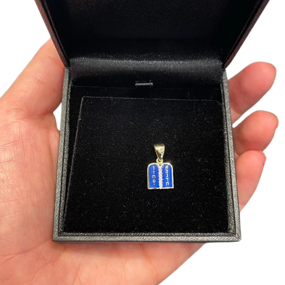 Ten Commandments Pendant - 14K Yellow Gold and Blue Enamel Diamond-Studded - Image 4
