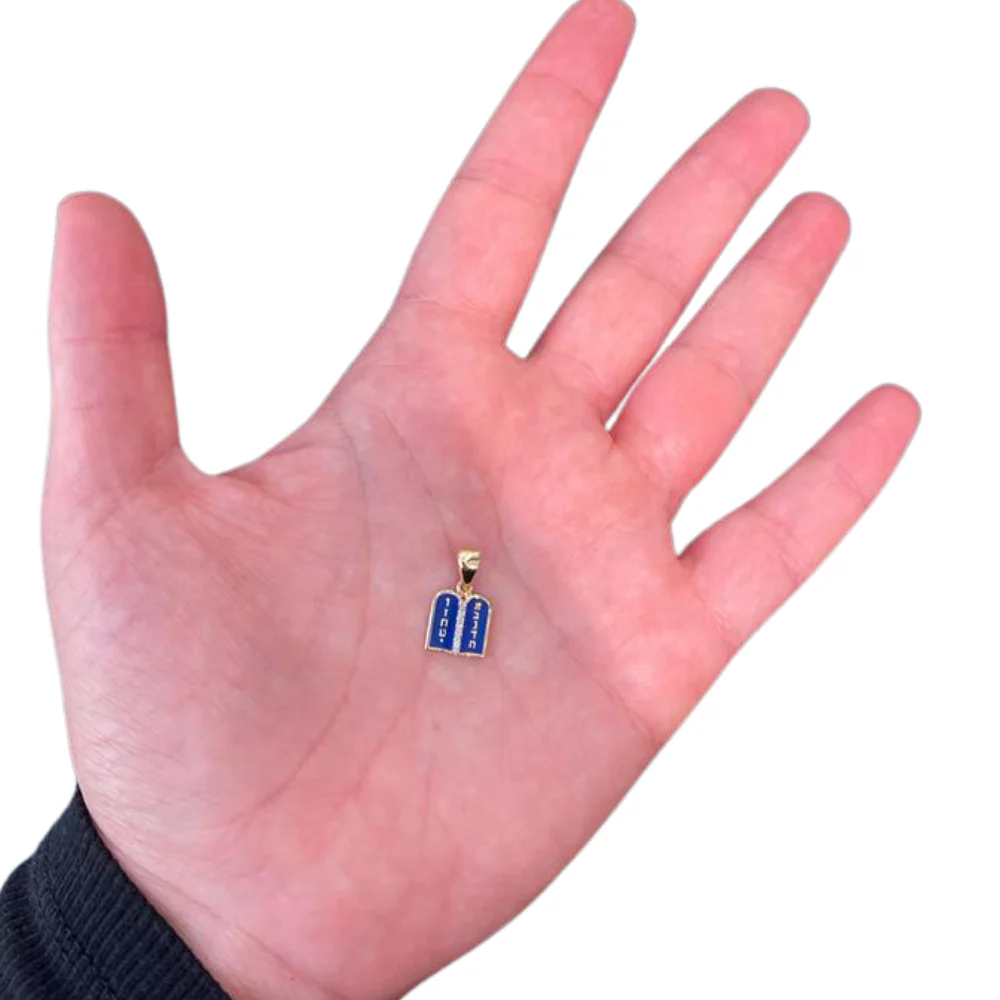 Ten Commandments Pendant - 14K Yellow Gold and Blue Enamel Diamond-Studded - Image 5